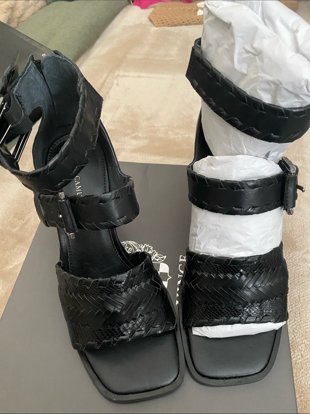 Vince Camuto Black Woven Leather Ankle-Strap Heels